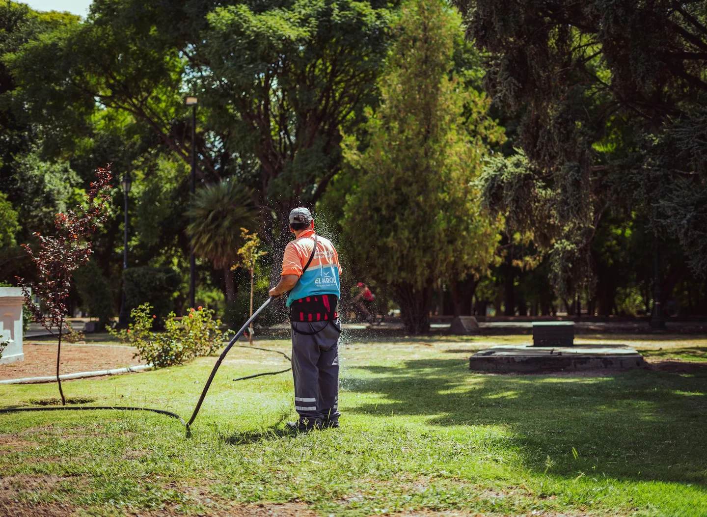Pulvérisateur de jardin posé sur sol avec désherbant et mauvaises herbes