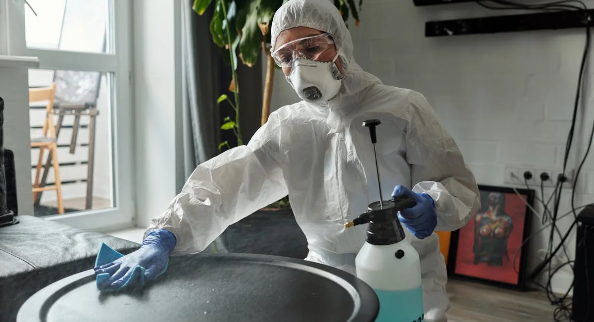 Professionnel appliquant un produit antimousse sur tuiles de toiture