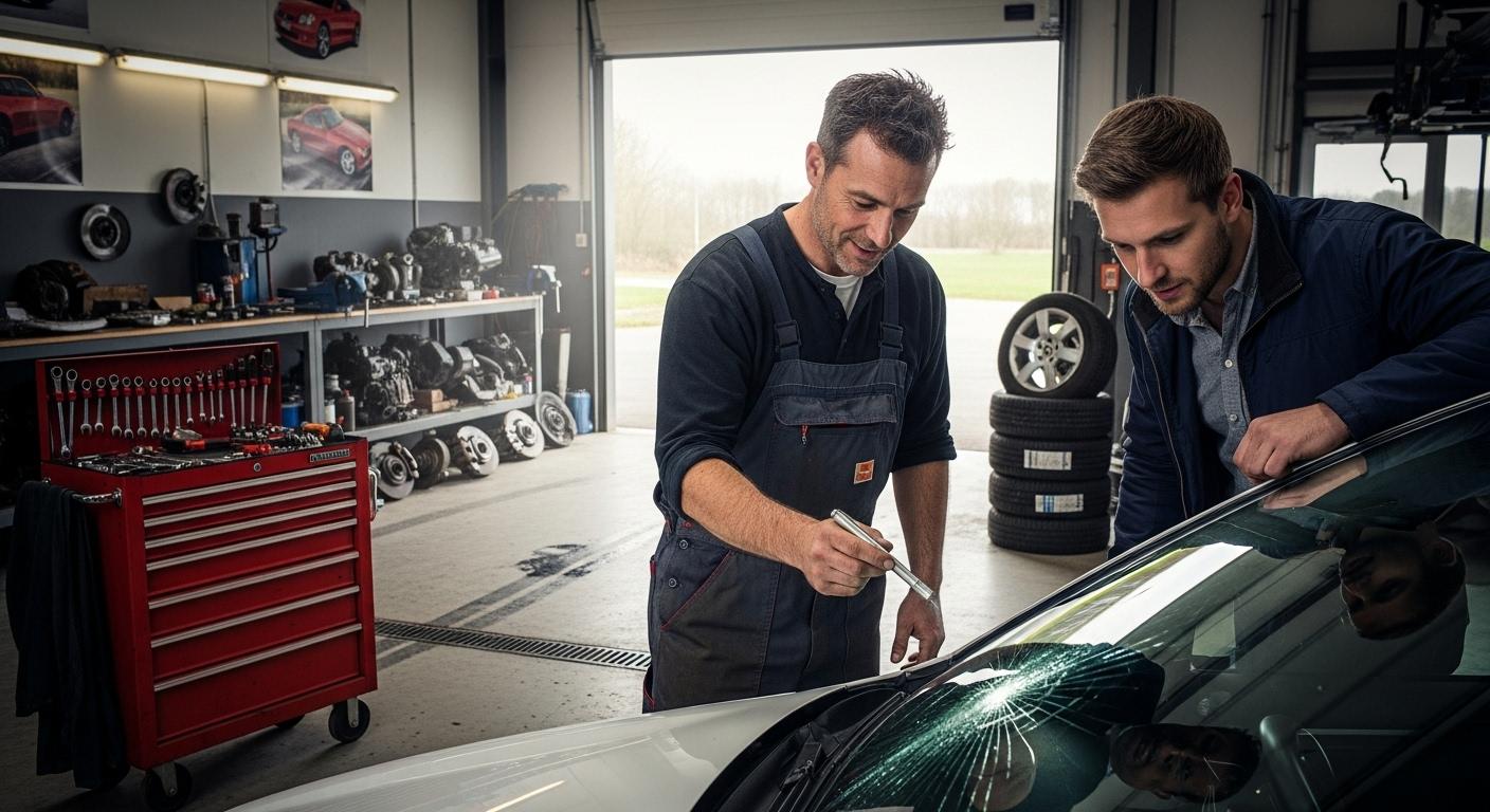 Un-garagiste-montre-a-un-client-un-pare-brise-fissure-sur-une-voiture-en-atelier-la-lumiere-exterieu-1755363603 Quel est le vrai prix du remplacement de pare-brise sans assurance ?