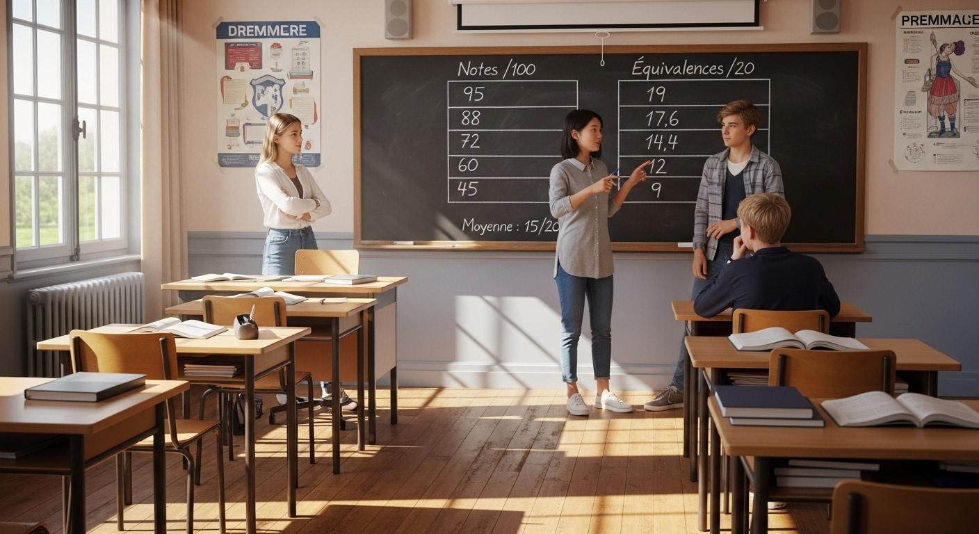 Une-salle-de-classe-francaise-avec-un-tableau-noir-ou-sont-inscrites-deux-colonnes-lune-avec-des-not-1758204008 Comment mettre une note sur 100 sur 20 : la méthode simple et efficace ?
