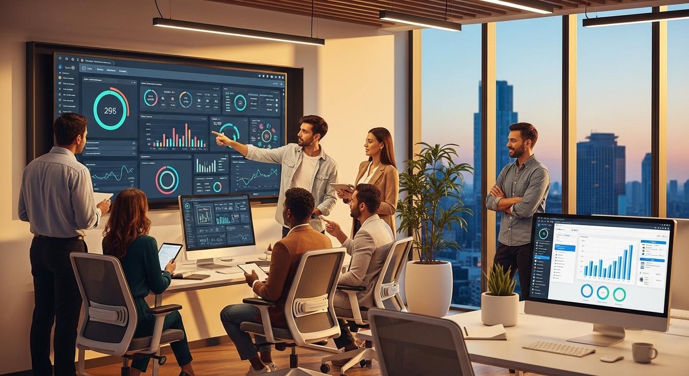 Un-bureau-moderne-ou-plusieurs-employes-consultent-un-grand-ecran-montrant-un-tableau-de-bord-centra-1759420806 Koivaninbez : la solution technologique qui optimise la gestion des entreprises