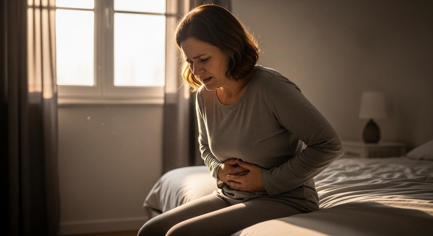 Une-femme-dune-cinquantaine-dannees-assise-sur-le-bord-de-son-lit-tient-son-ventre-avec-une-expressi-1759420805 diverticule cause émotionnelle : le lien fun entre stress et douleurs abdominales