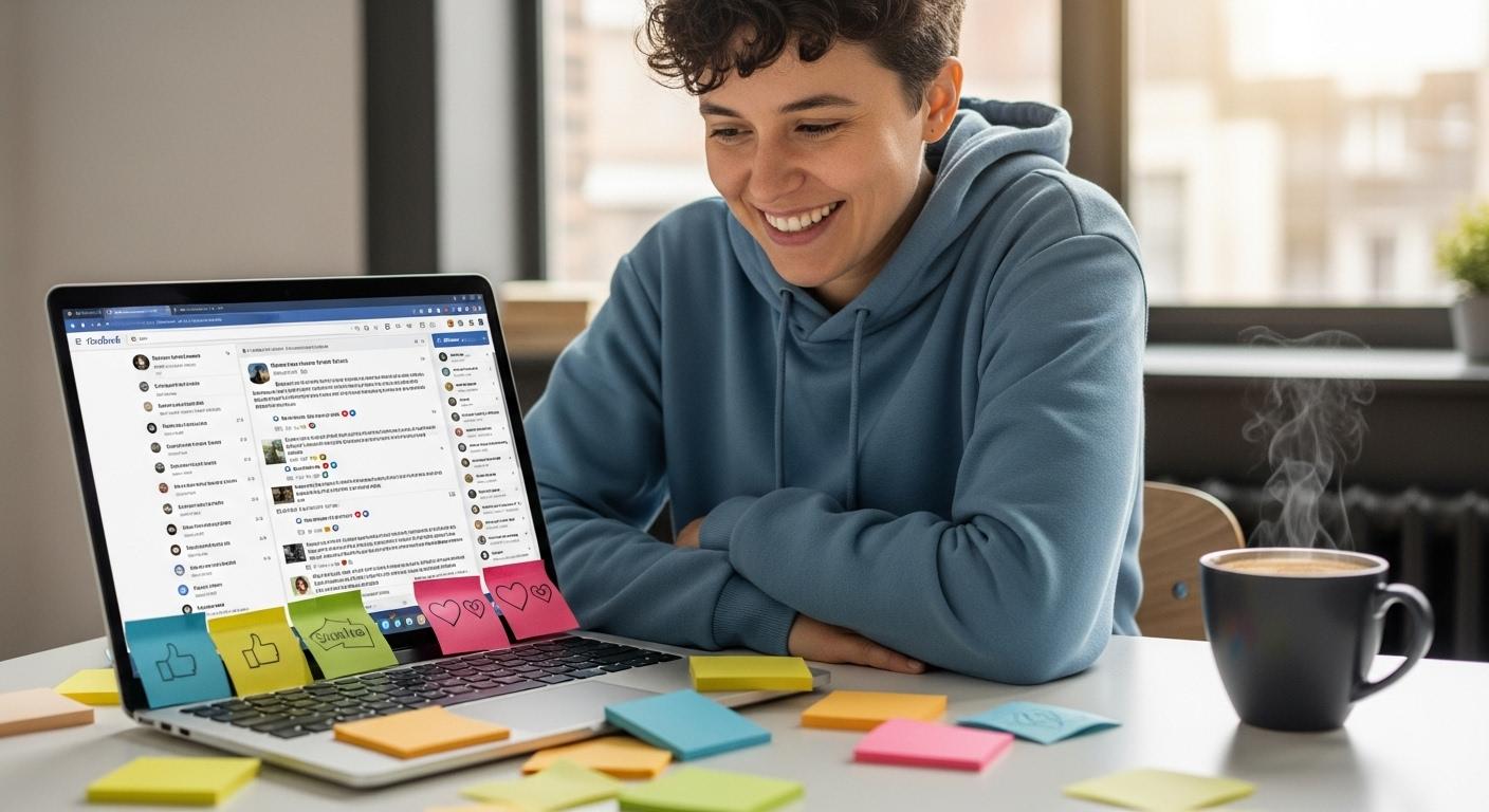 Une-personne-souriante-assise-devant-un-ordinateur-portable-entouree-de-post-it-colores-et-dune-tass-1761420964 Comment réussir un exemple de post Facebook pour booster votre engagement ?