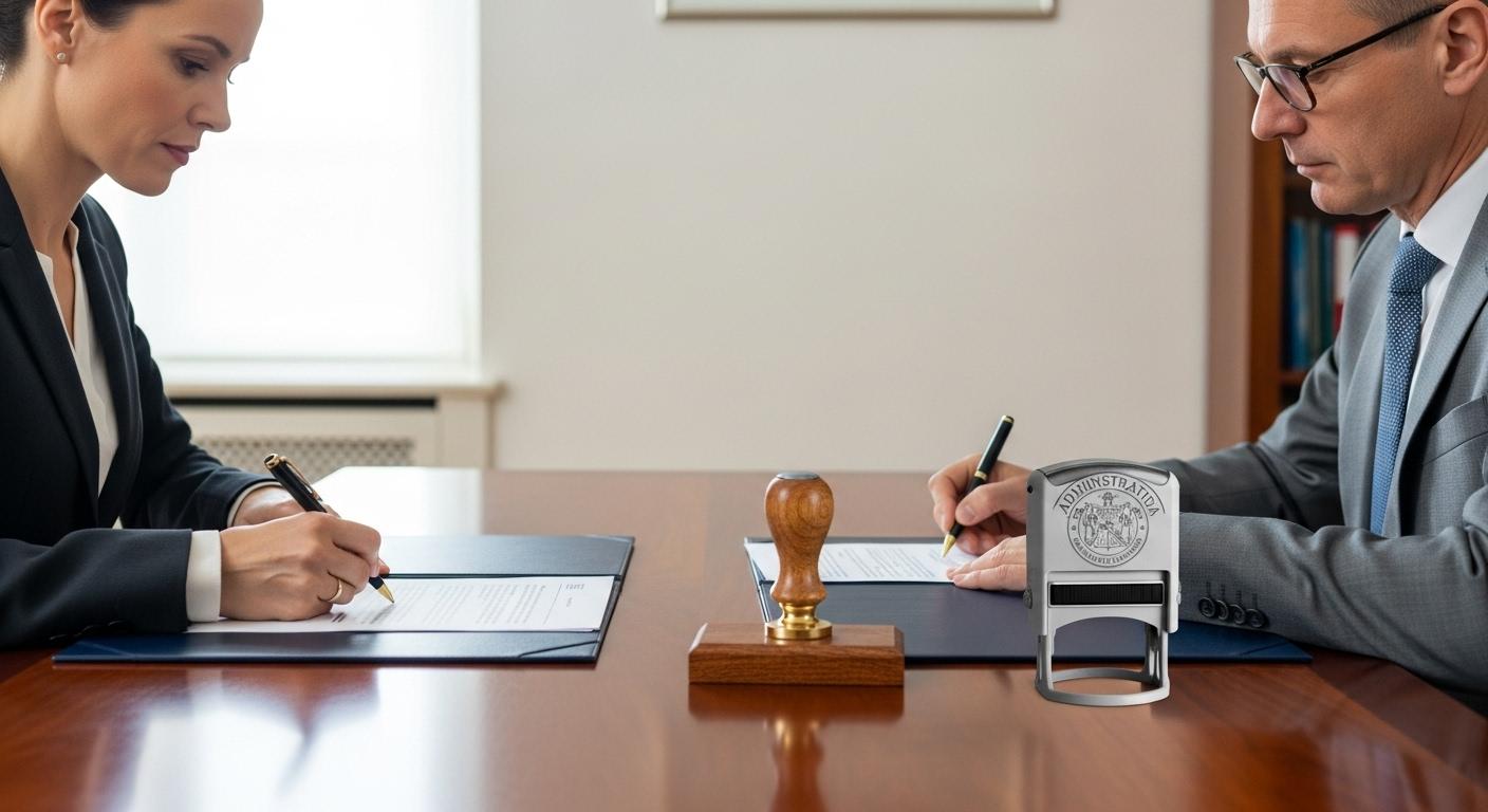 Deux-personnes-assises-de-part-et-dautre-dun-bureau-de-bureau-chacun-un-stylo-a-la-main-signant-un-d-1763112607 Rupture anticipée du CDD : les conditions et conséquences à connaître