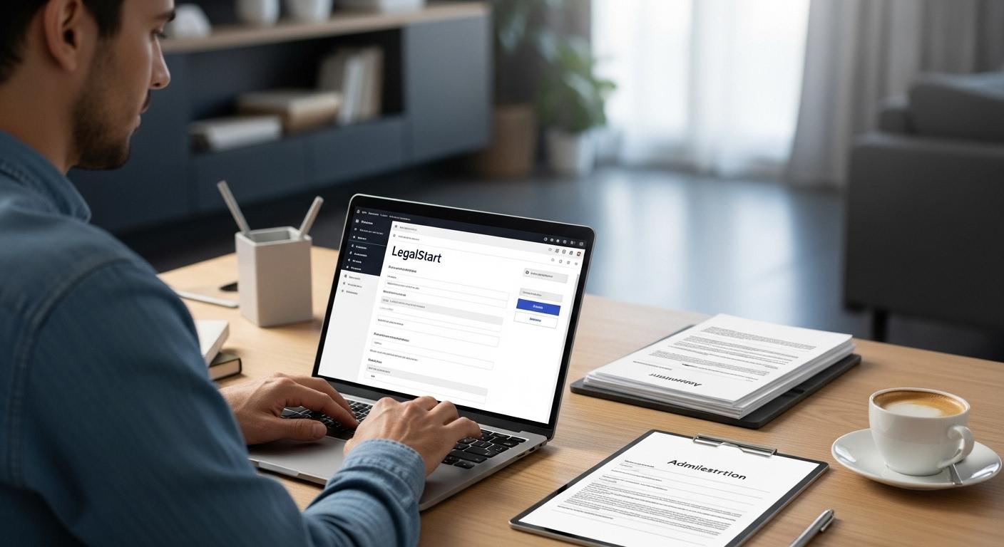 Un-entrepreneur-assis-a-son-bureau-chez-lui-saisissant-des-informations-sur-la-plateforme-Legalstart-1763394483 Création d'entreprise Legalstart : les étapes pour bien se lancer en ligne