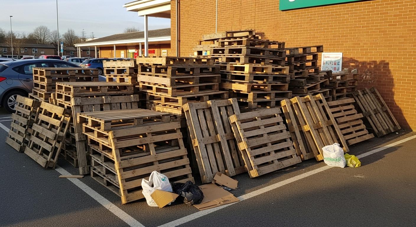 Un-tas-de-palettes-en-bois-recuperees-sur-le-parking-dun-supermarche-pretes-a-etre-transformees-en-c-1761994627 Comment clôturer son jardin pas cher : les astuces à connaître