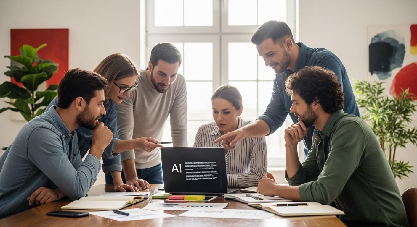 Une-equipe-marketing-reunie-autour-dun-ordinateur-portable-observant-lecran-avec-curiosite-tandis-qu-1762116304 La rédaction IA : un atout pour générer du contenu de qualité rapidement