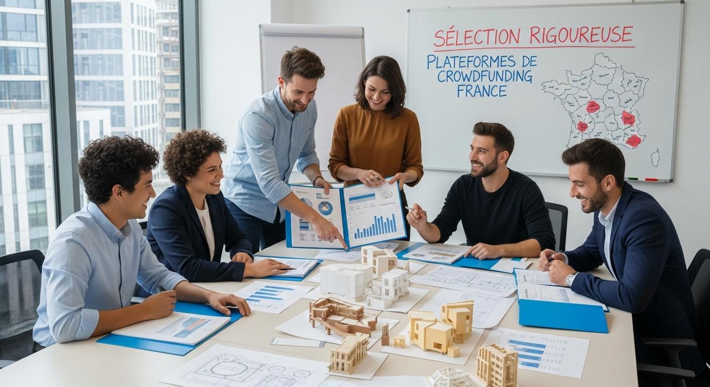 Une-equipe-souriante-reunit-autour-dune-table-analysant-des-dossiers-de-projets-avec-des-graphiques-1762278305 Quelle plateforme de crowdfunding choisir : les meilleures options pour vos projets