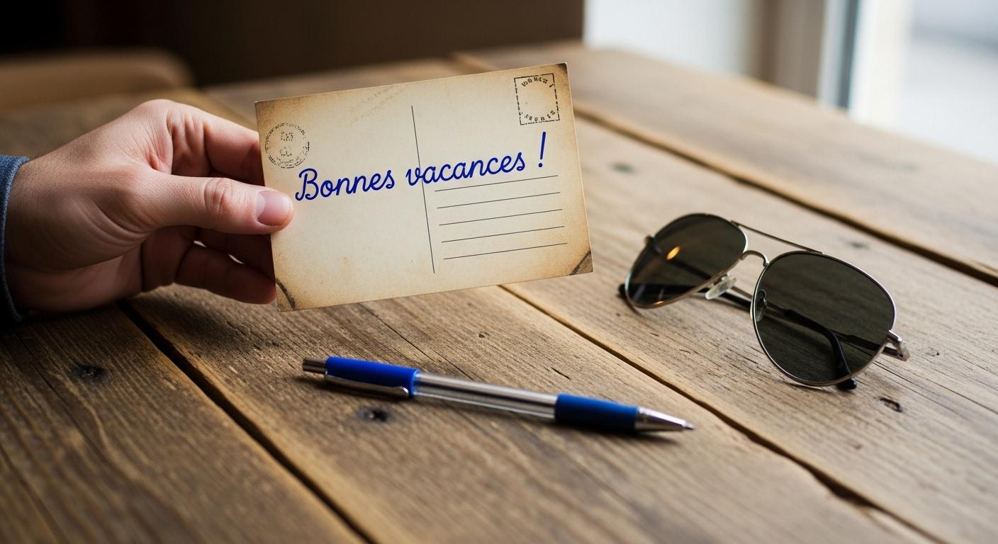 Une-main-tient-une-carte-postale-manuscrite-sur-laquelle-est-ecrit-Bonnes-vacances-posee-sur-une-tab-1764346687 Comment souhaiter de bonnes vacances à vos proches de façon originale ?