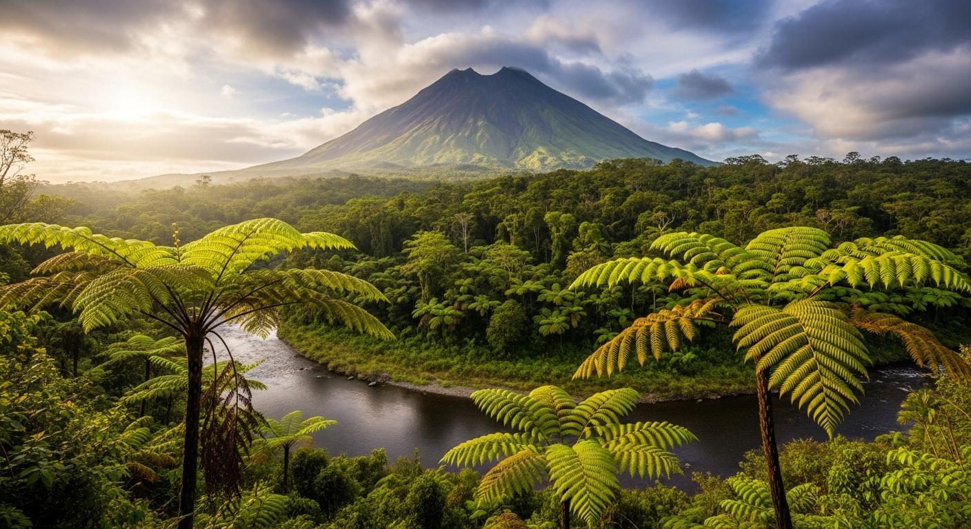 Vue-panoramique-sur-la-Montagne-Pelee-dominant-la-jungle-luxuriante-avec-en-premier-plan-une-riviere-1762337524 La Martinique : une île fascinante à explorer entre nature et culture