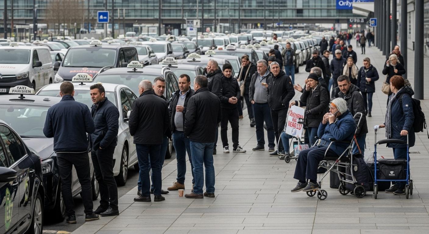 Devant-laeroport-dOrly-des-rangees-de-taxis-a-larret-chauffeurs-regroupes-en-petits-groupes-sur-le-t-1765812783 La grève taxi à Paris : la mobilisation nationale des transports sanitaires