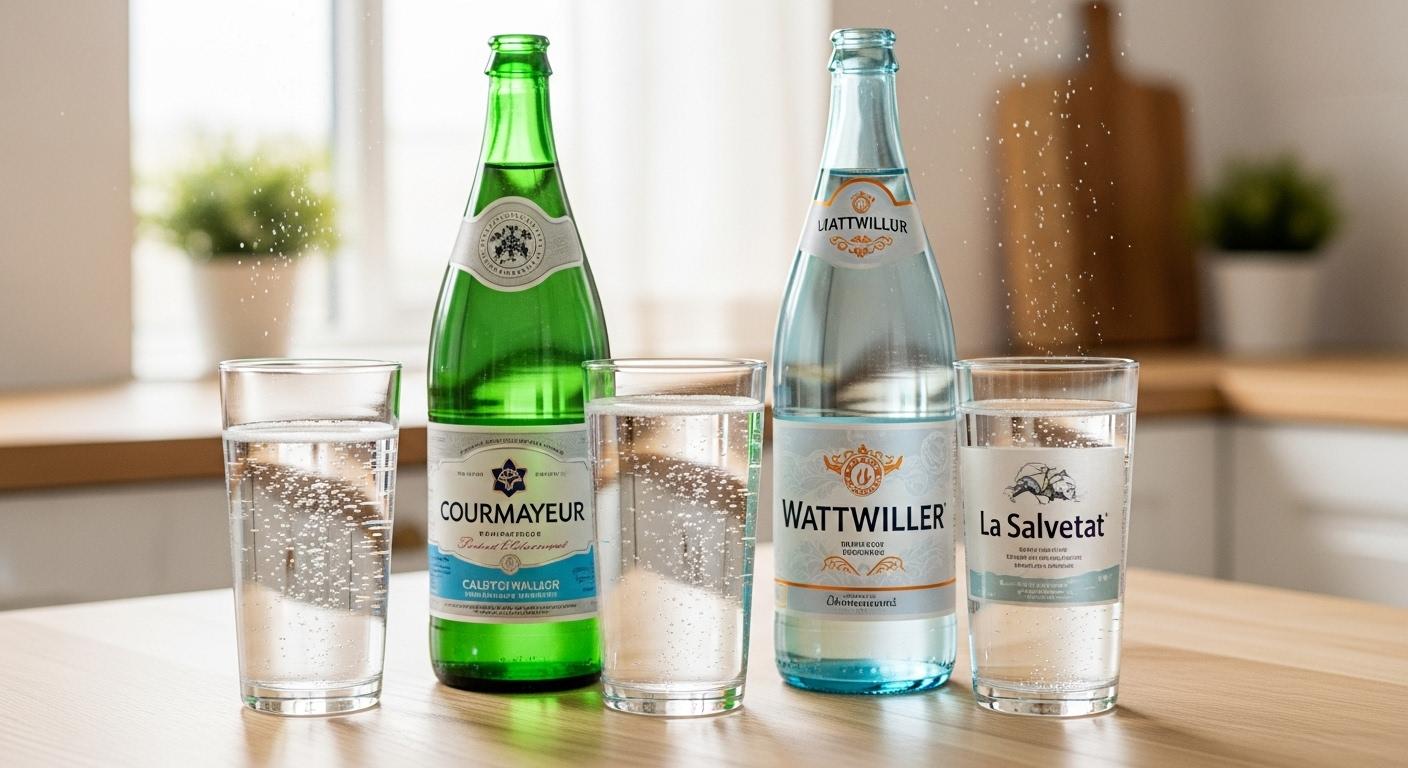 Trois-bouteilles-deaux-petillantes-de-marques-Courmayeur-Wattwiller-et-La-Salvetat-posees-sur-une-ta-1764695165 Quelle est l’eau pétillante la moins salée pour une consommation légère ?