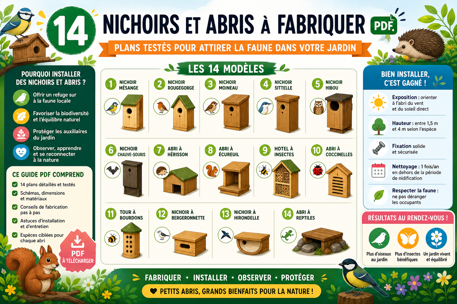Infographie : 14 nichoirs et abris à fabriquer pdf : plans testés pour attirer la faune dans votre jardin