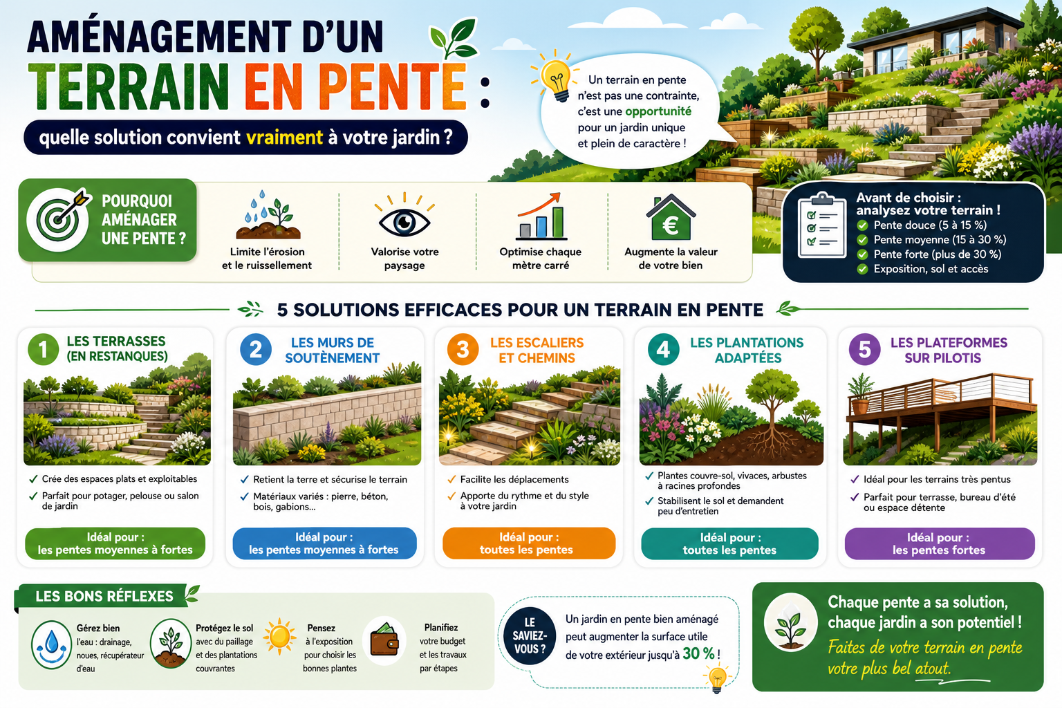 Infographie : Aménagement d'un terrain en pente : quelle solution convient vraiment à votre jardin ?