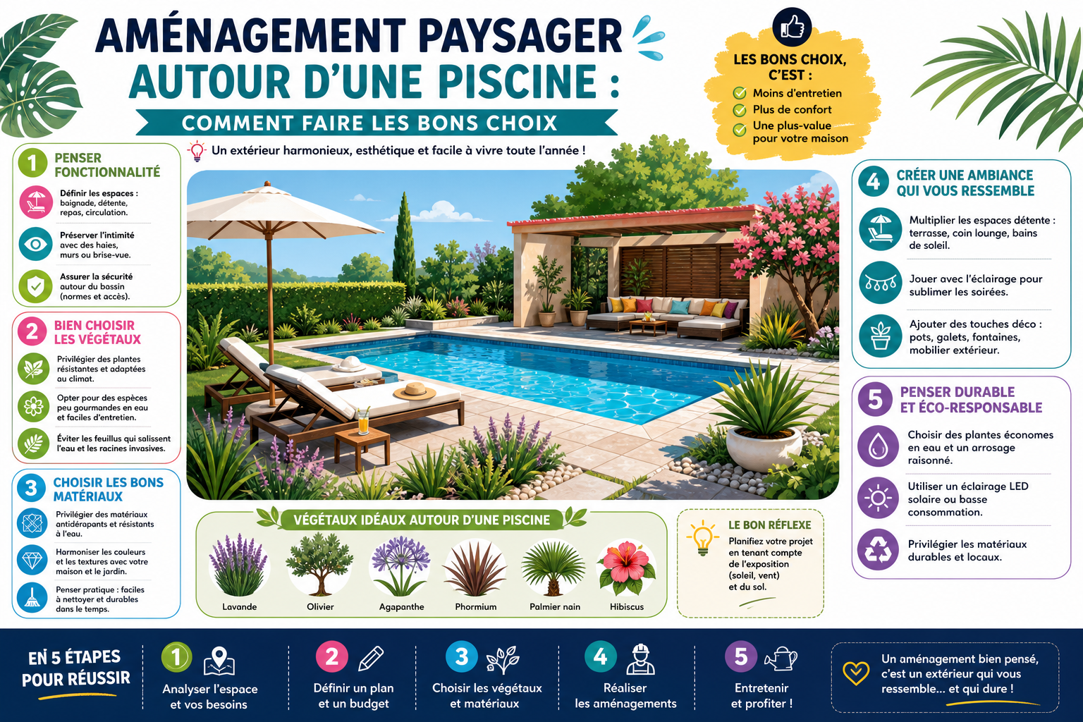 Infographie : Aménagement paysager autour d'une piscine : comment faire les bons choix
