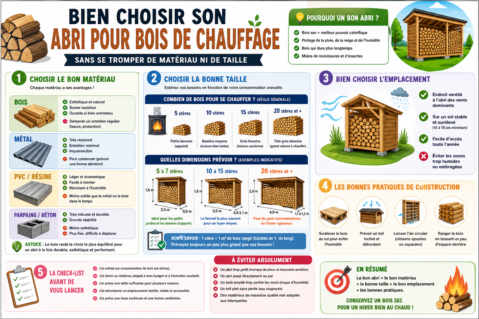 Infographie : Bien choisir son abri pour bois de chauffage sans se tromper de matériau ni de taille