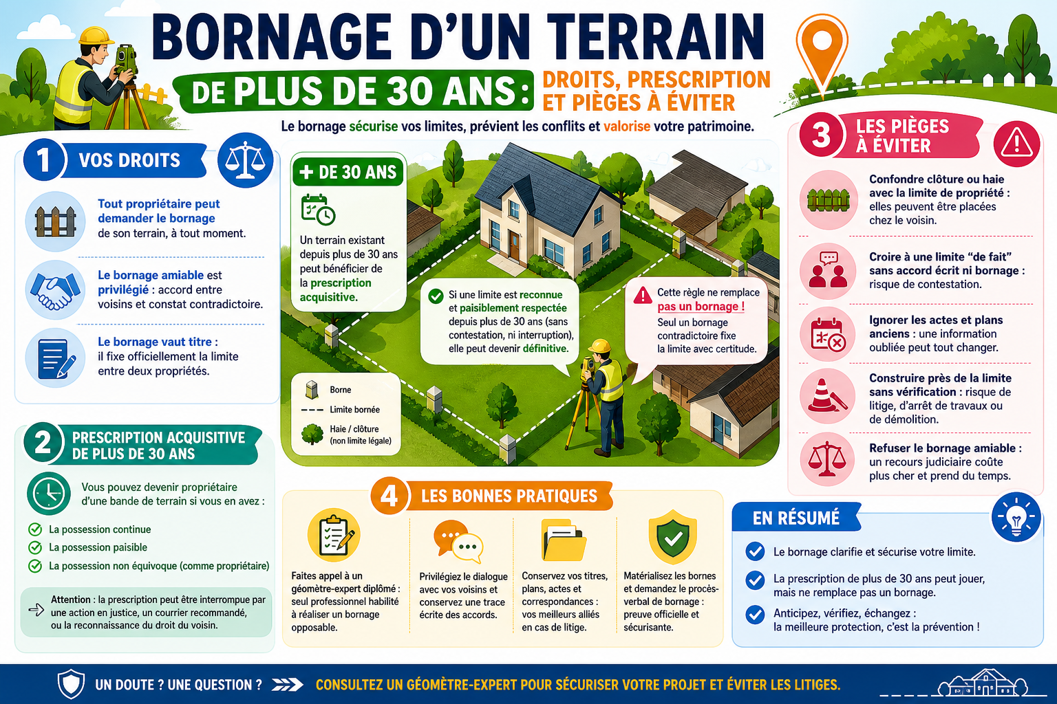 Infographie : Bornage d'un terrain de plus de 30 ans : droits, prescription et pièges à éviter