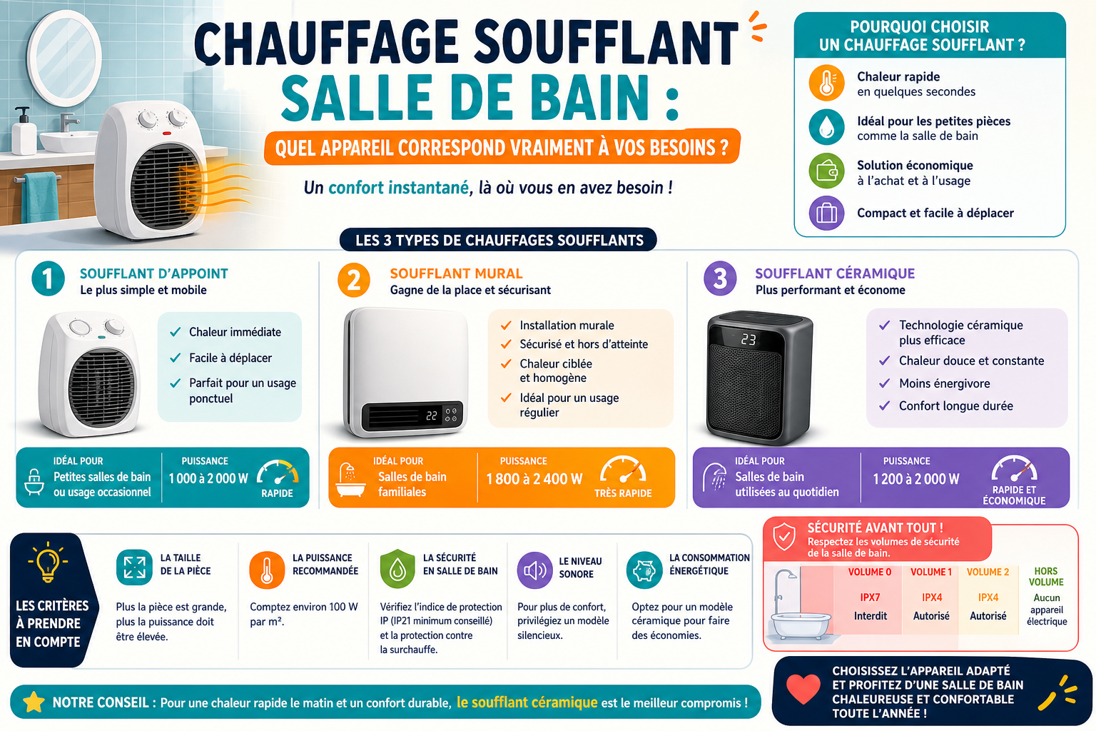 Infographie : Chauffage soufflant salle de bain : quel appareil correspond vraiment à vos besoins ?