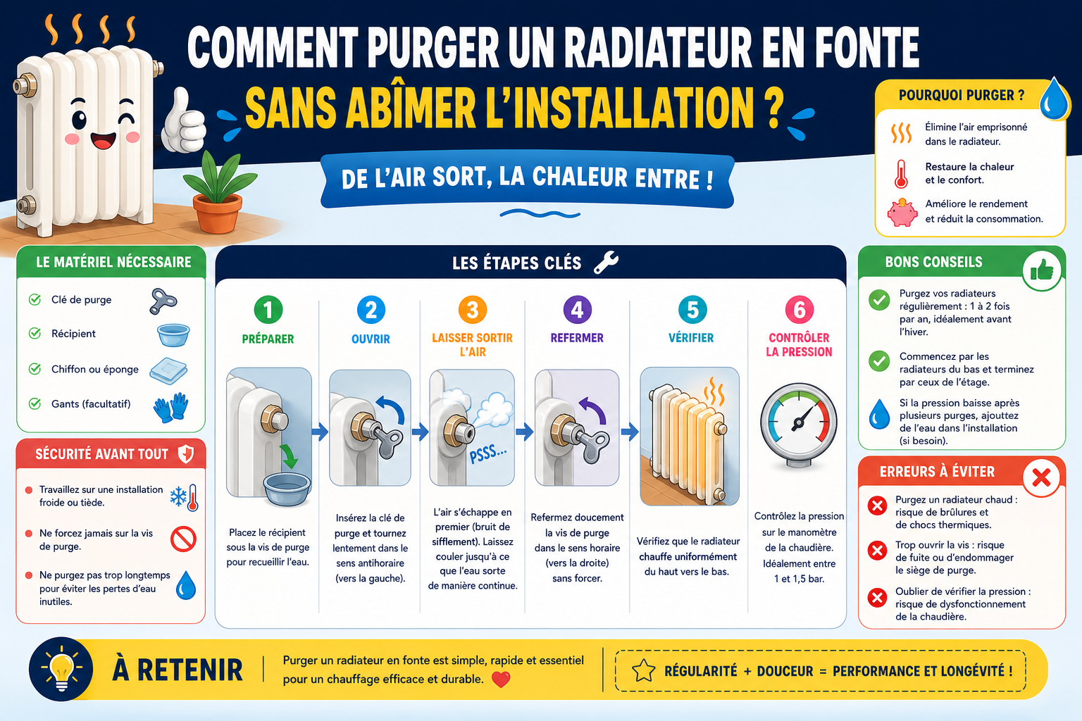 Infographie : Comment purger un radiateur en fonte sans abîmer l'installation ?