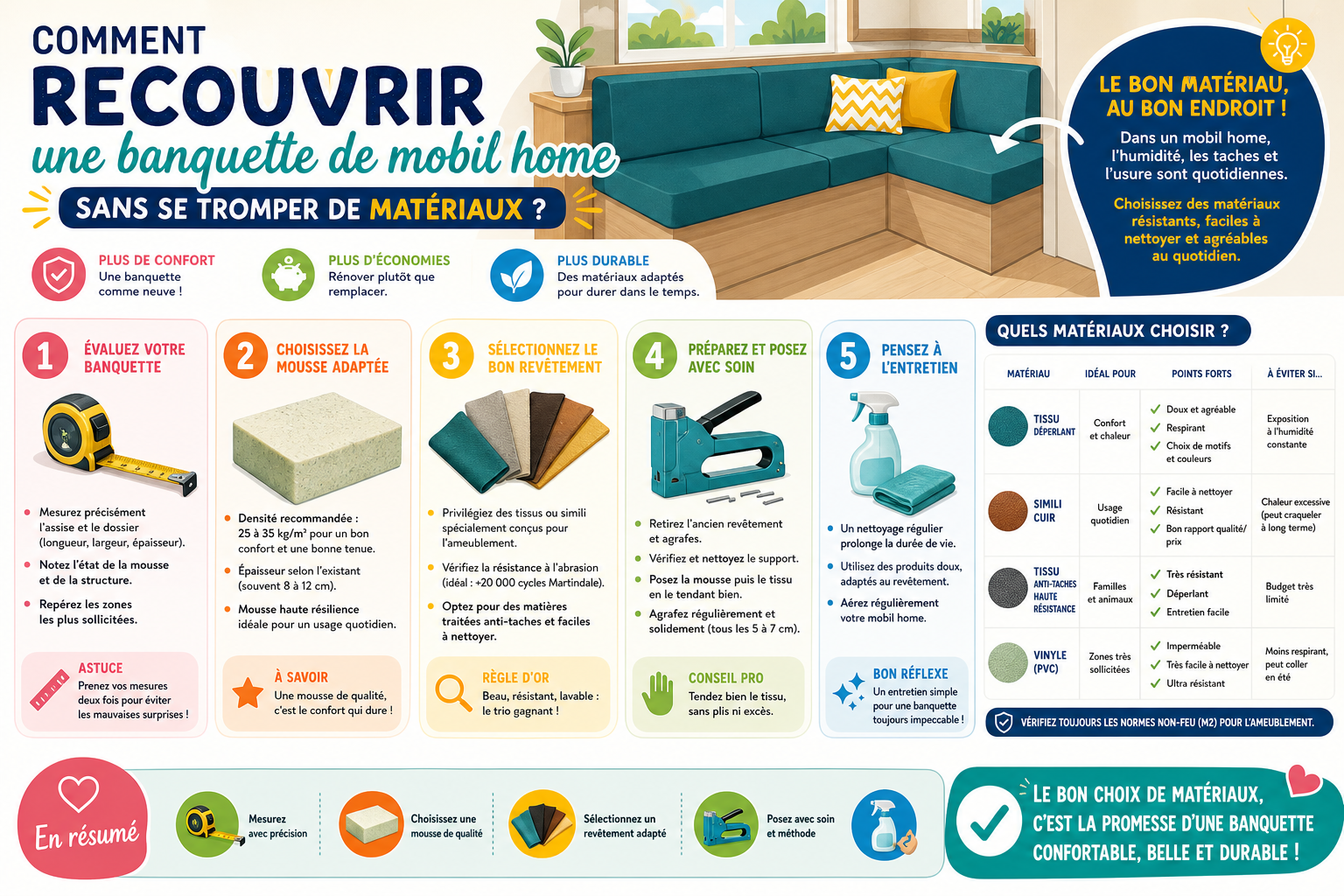 Infographie : Comment recouvrir une banquette de mobil home sans se tromper de matériaux ?
