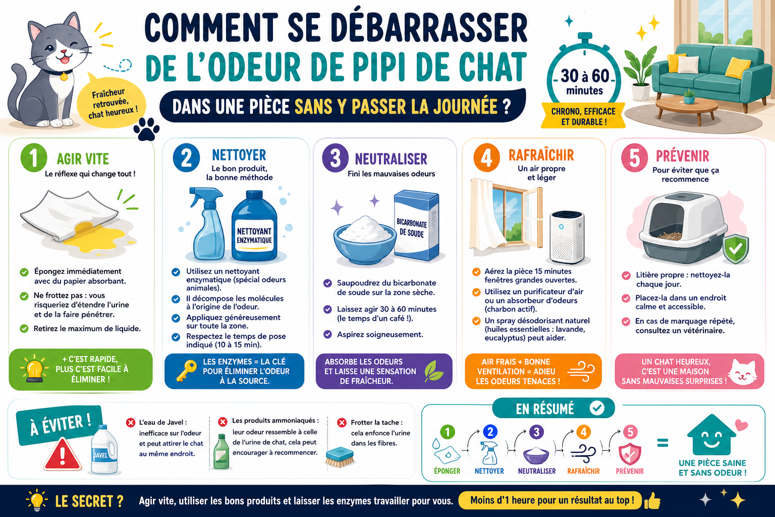 Infographie : Comment se débarrasser de l'odeur de pipi de chat dans une pièce sans y passer la journée ?