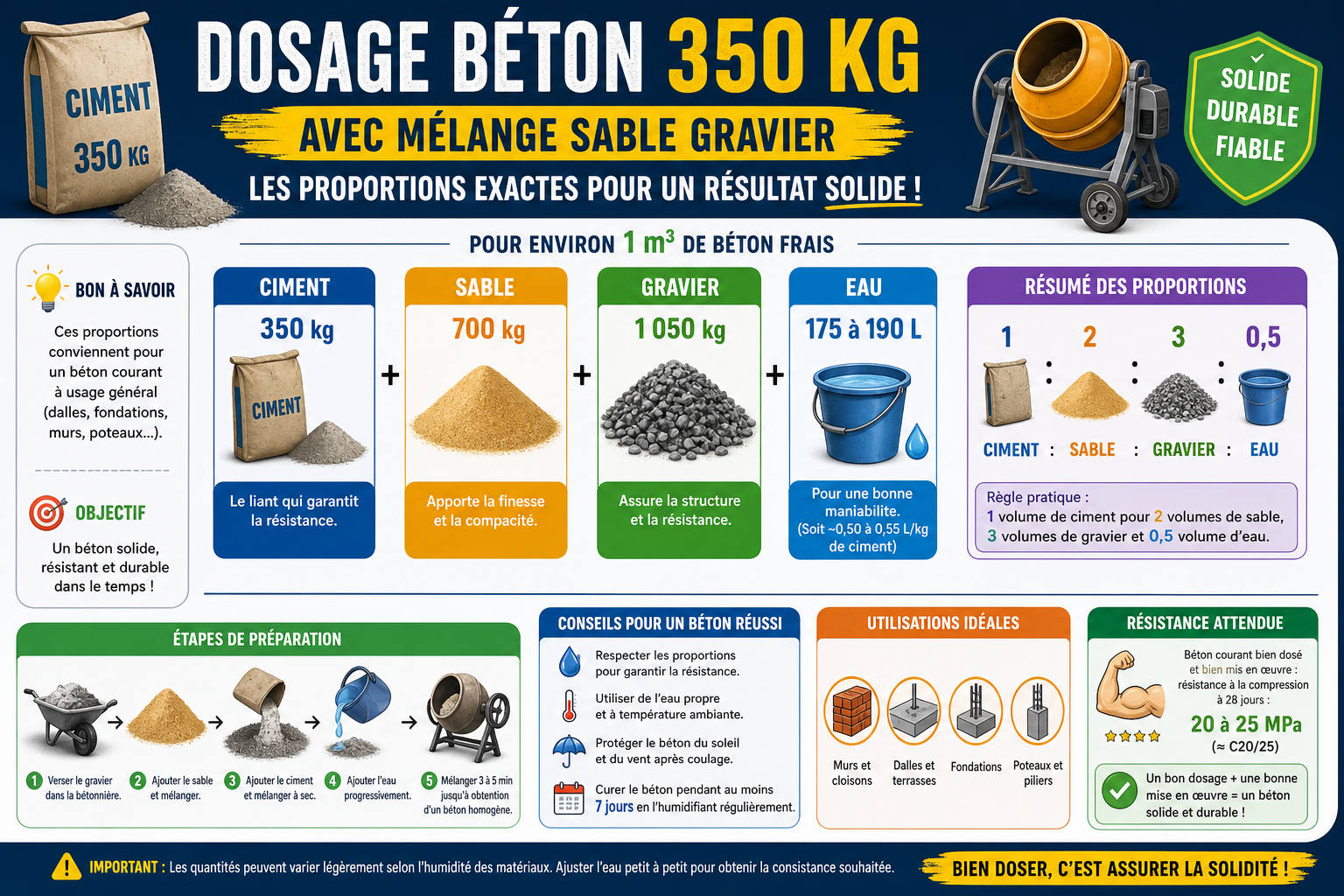 Infographie : Dosage béton 350 kg avec mélange sable gravier, les proportions exactes pour un résultat solide