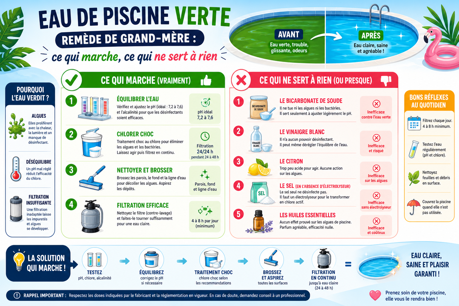 Infographie : Eau de piscine verte remède de grand-mère : ce qui marche, ce qui ne sert à rien