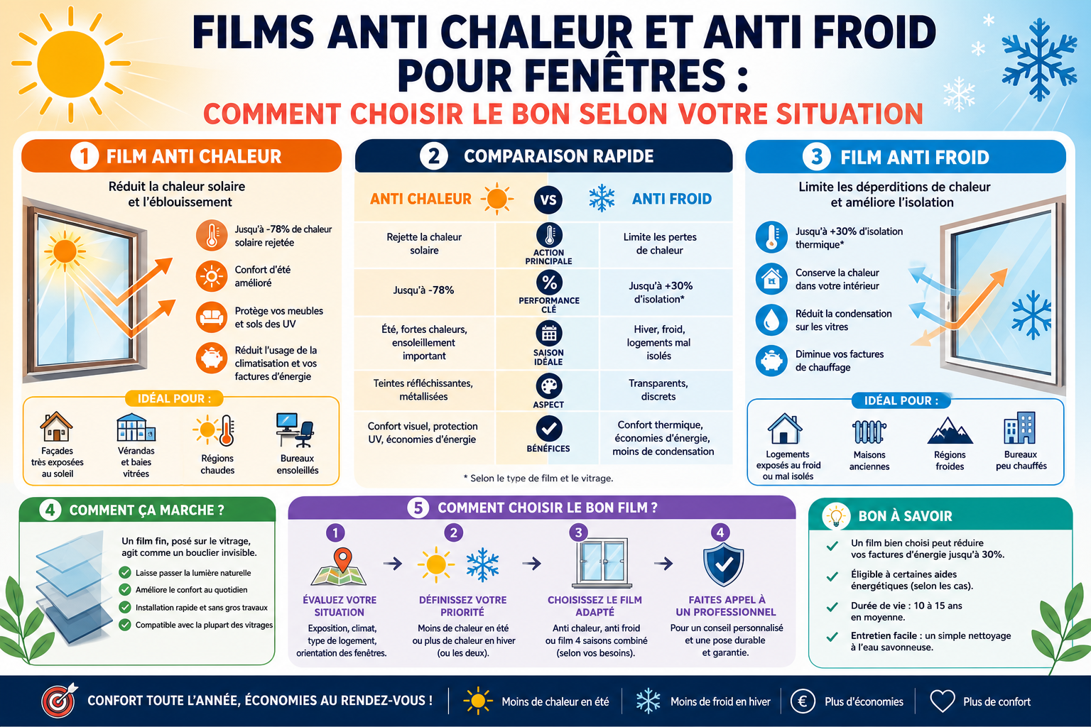 Infographie : Films anti chaleur et anti froid pour fenêtres : comment choisir le bon selon votre situation