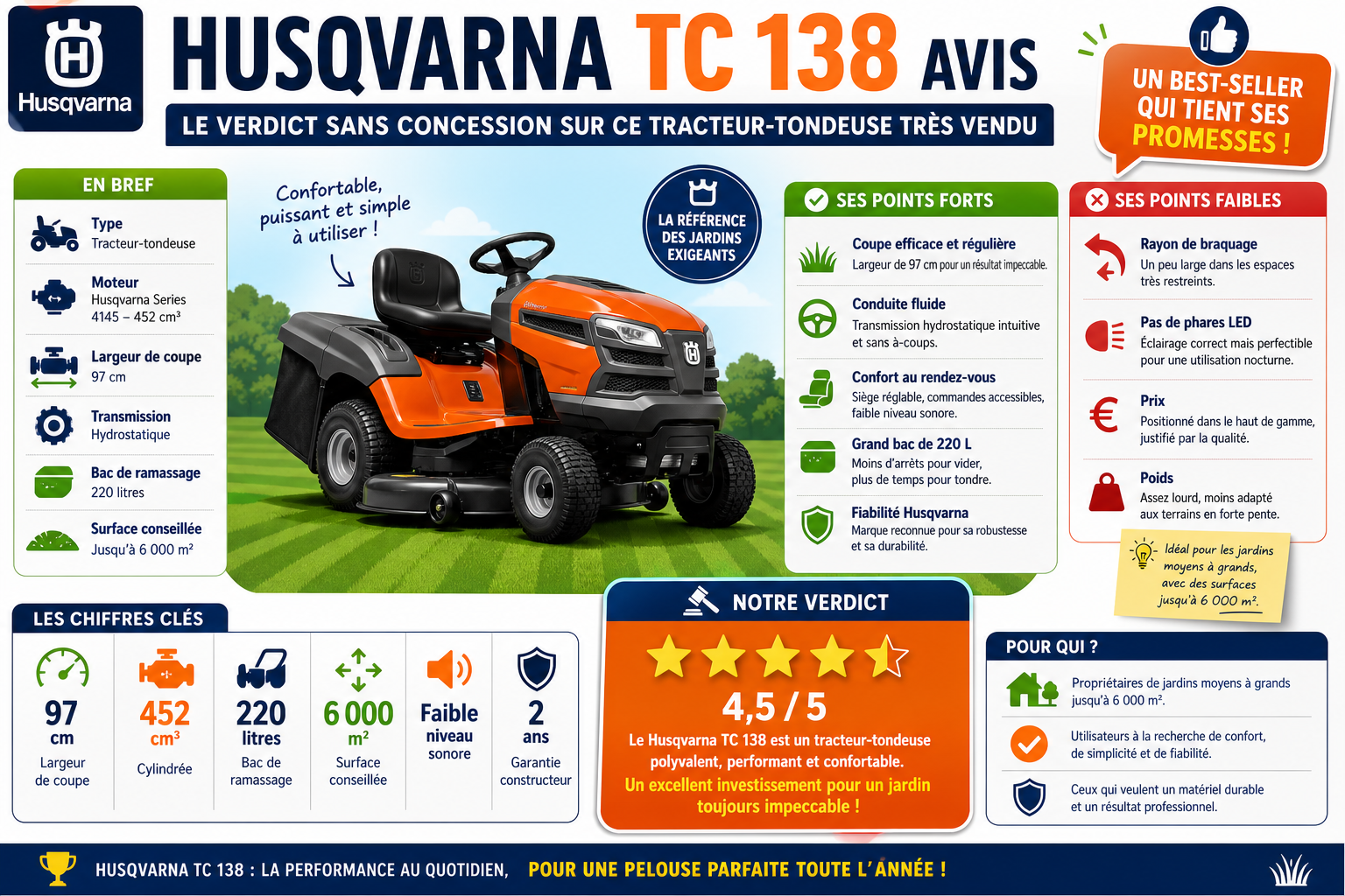 Infographie : Husqvarna TC 138 avis : le verdict sans concession sur ce tracteur-tondeuse très vendu