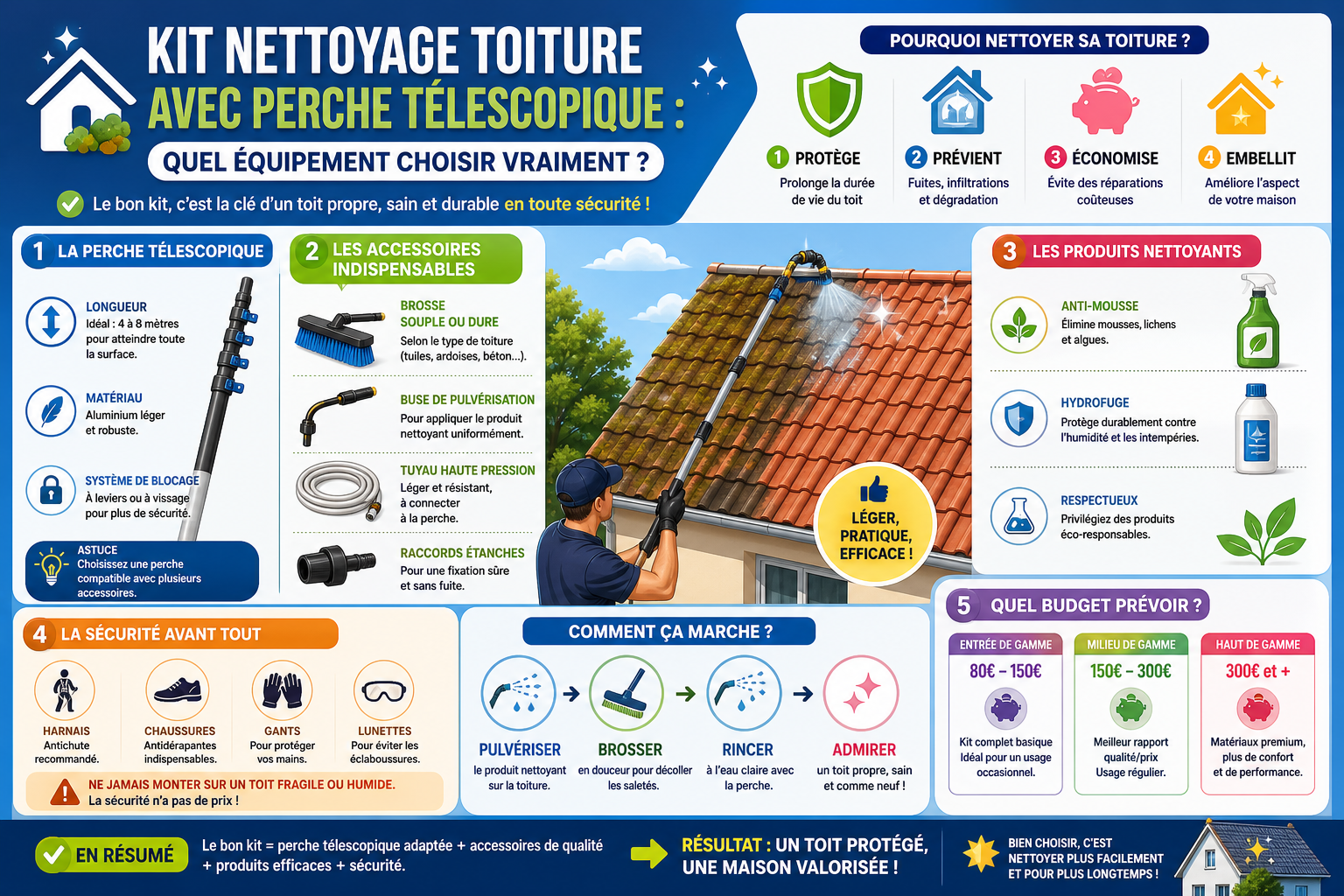 Infographie : Kit nettoyage toiture avec perche télescopique : quel équipement choisir vraiment