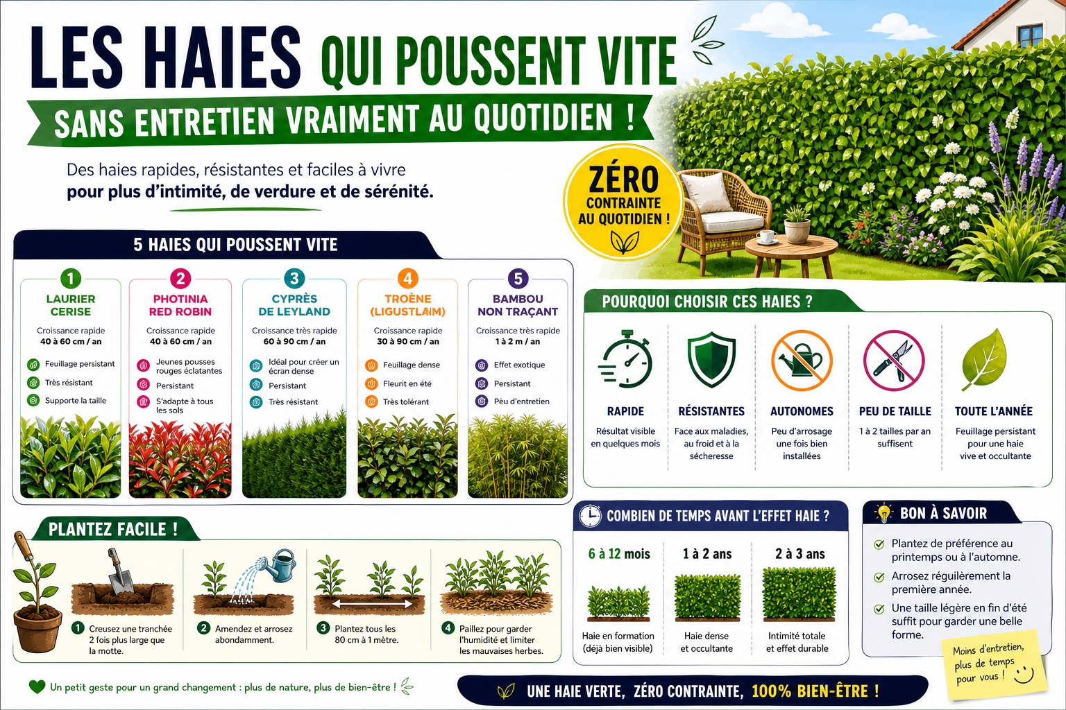 Infographie : Les haies qui poussent vite sans entretien vraiment au quotidien