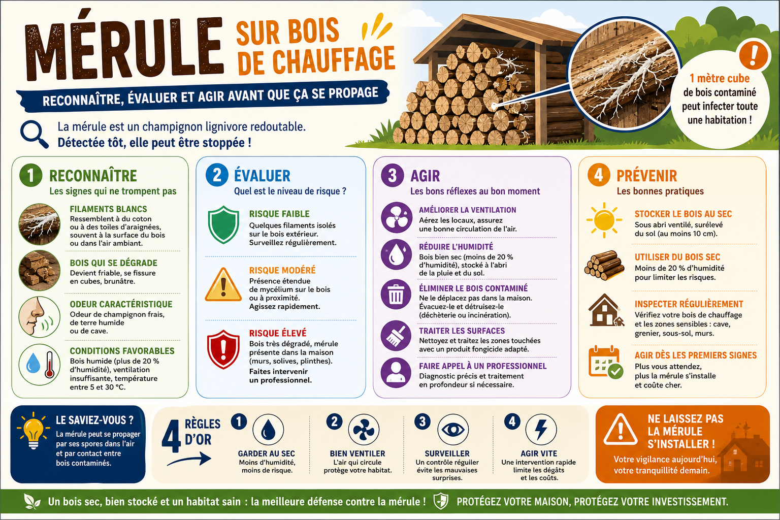 Infographie : Mérule sur bois de chauffage : reconnaître, évaluer et agir avant que ça se propage
