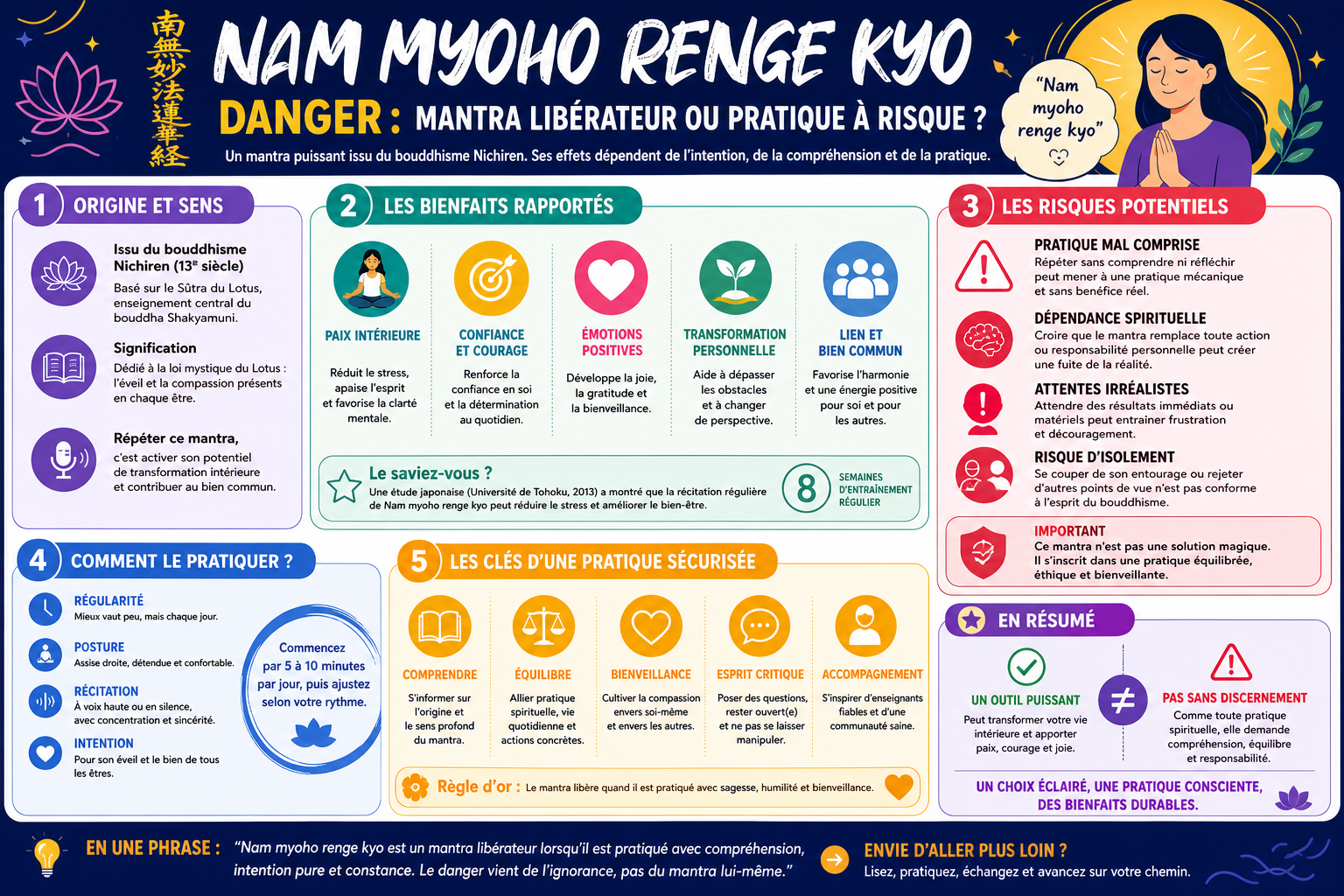 Infographie : Nam myoho renge kyo danger : mantra libérateur ou pratique à risque ?