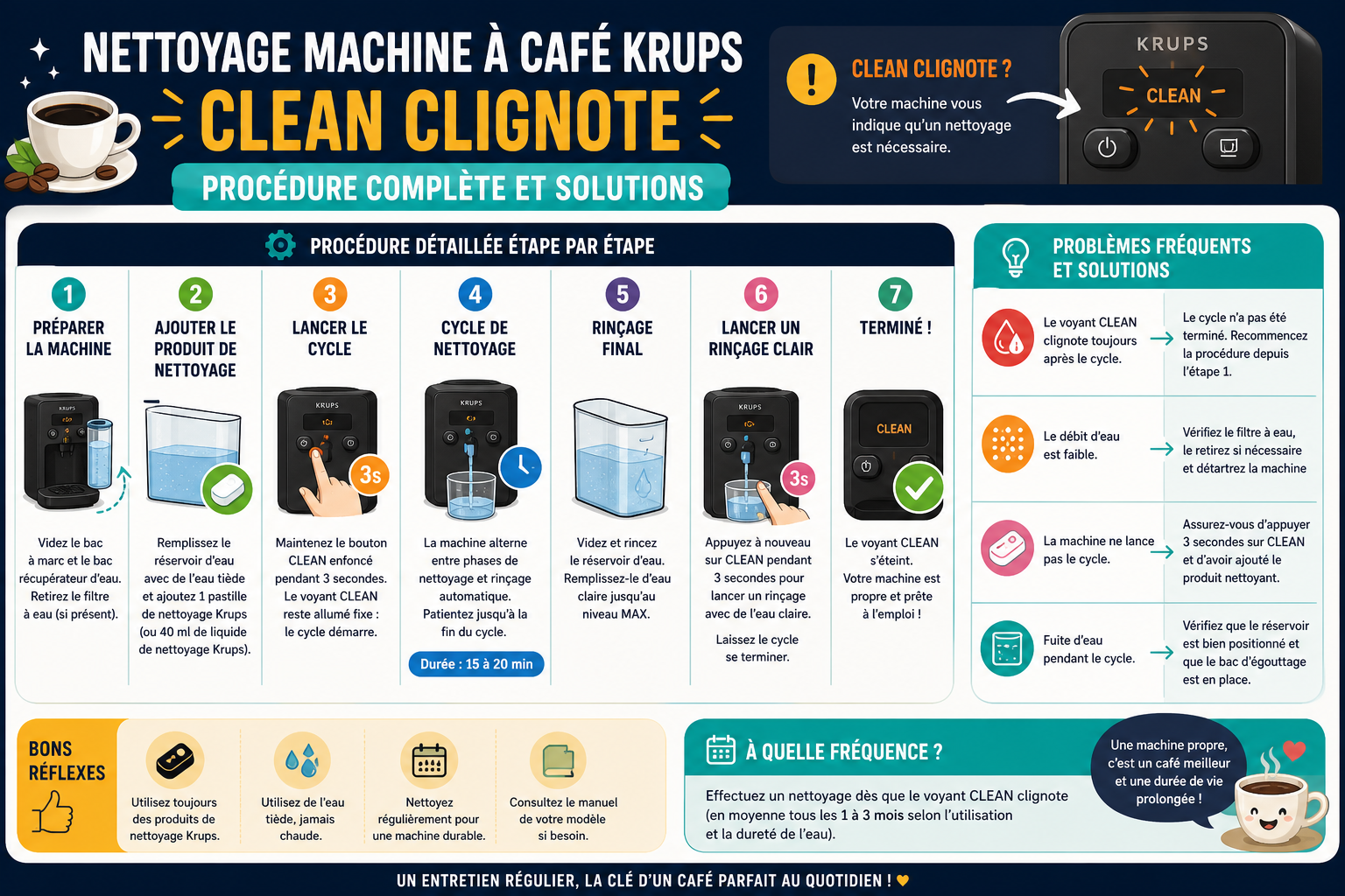 Infographie : Nettoyage machine à café Krups Clean clignote : procédure complète et solutions