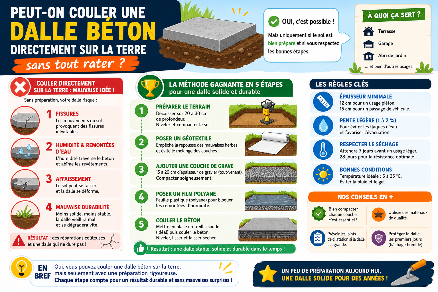 Infographie : Peut-on couler une dalle béton directement sur la terre sans tout rater ?