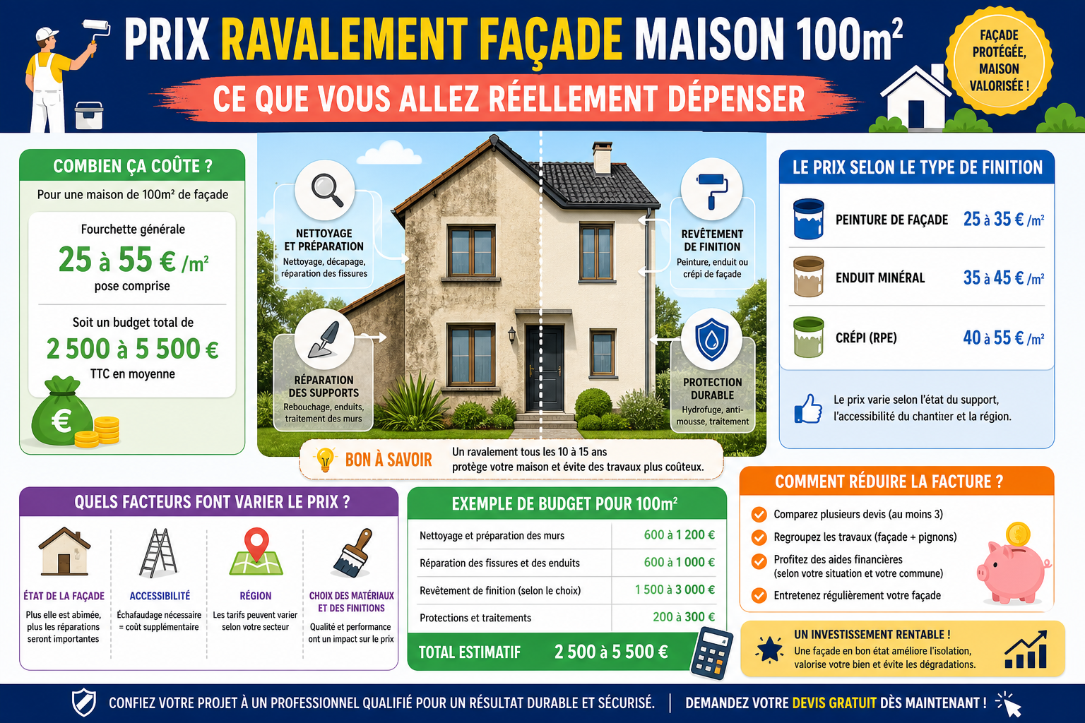 Infographie : Prix ravalement façade maison 100m2 — ce que vous allez réellement dépenser