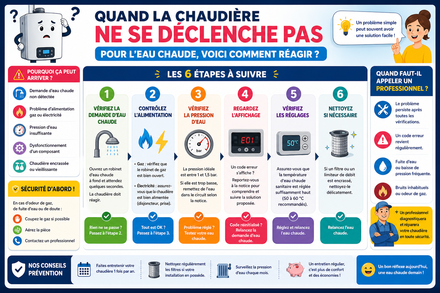 Infographie : Quand la chaudière ne se déclenche pas pour l'eau chaude, voici comment réagir ?