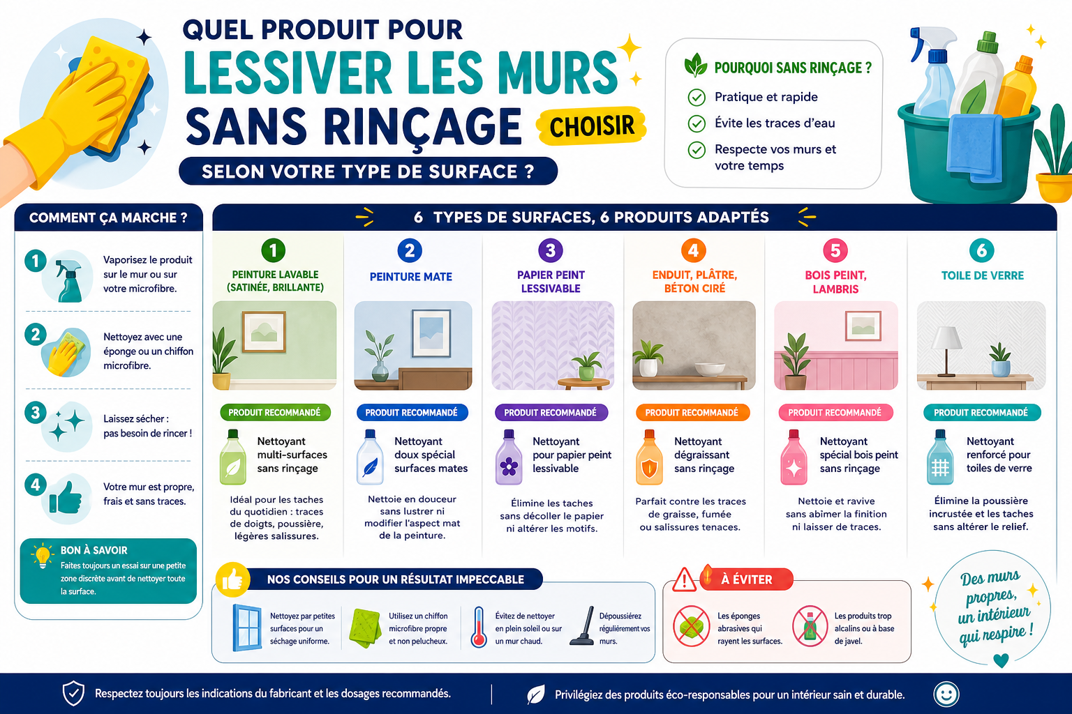 Infographie : Quel produit pour lessiver les murs sans rinçage choisir selon votre type de surface ?