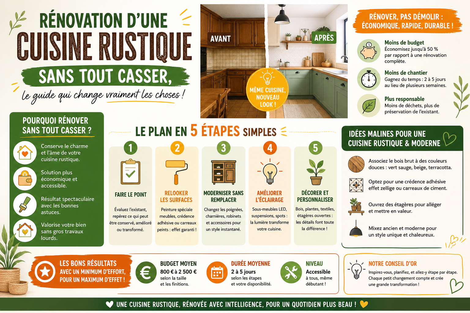 Infographie : Rénovation d'une cuisine rustique sans tout casser, le guide qui change vraiment les choses