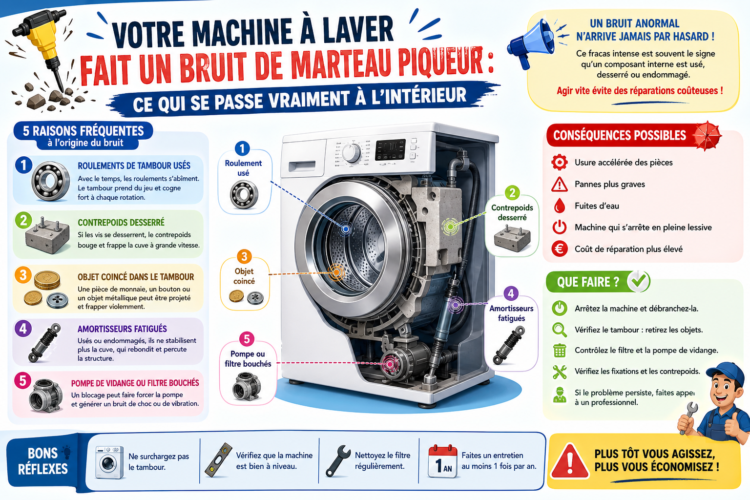 Infographie : Votre machine à laver fait un bruit de marteau piqueur : ce qui se passe vraiment à l'intérieur