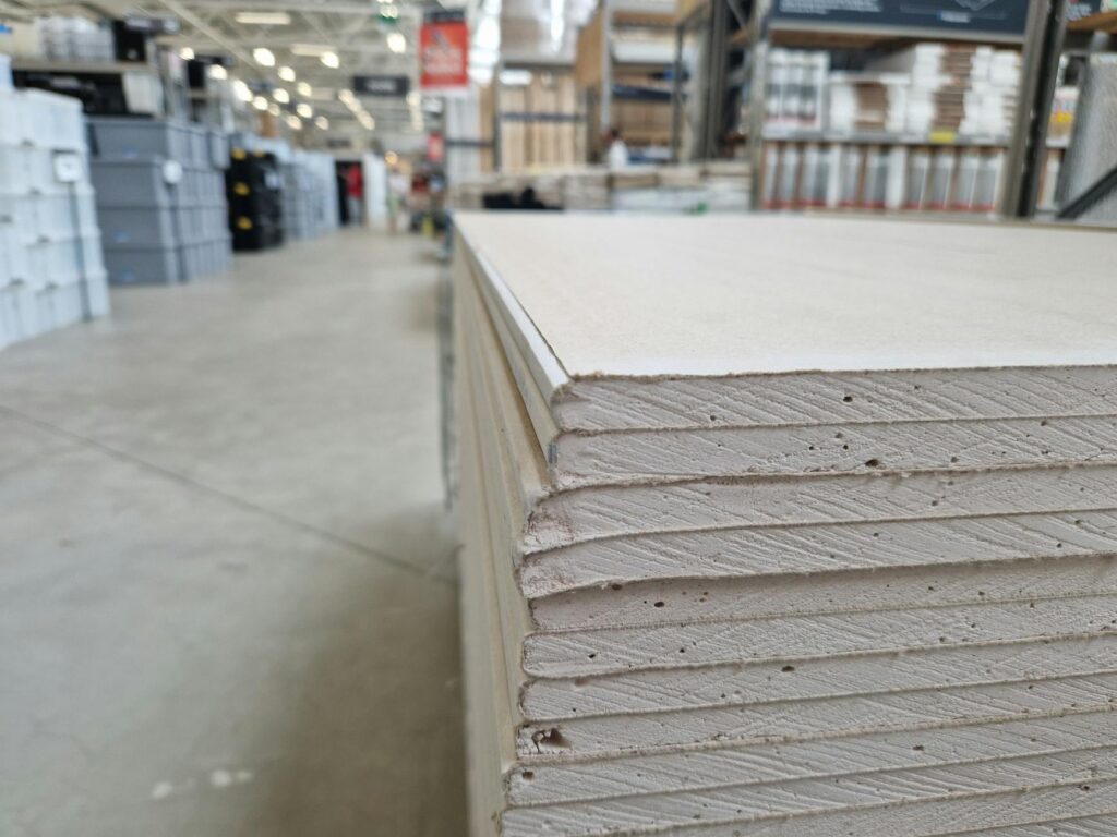 Plaquiste professionnel posant des plaques de plâtre sur ossature métallique