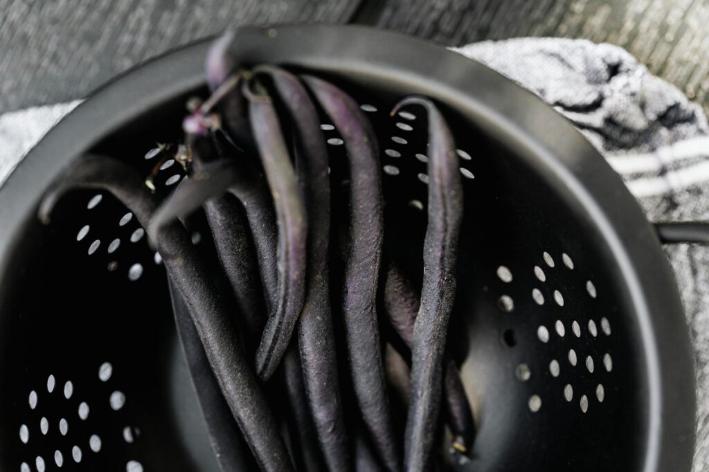 Haricots verts frais étalés sur un torchon avant congélation maison