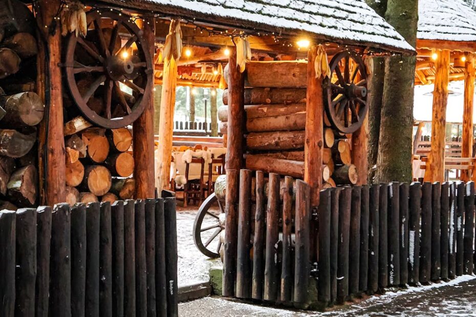 Abri cuisine d'été en bois avec barbecue et plan de travail extérieur dans un jardin verdoyant