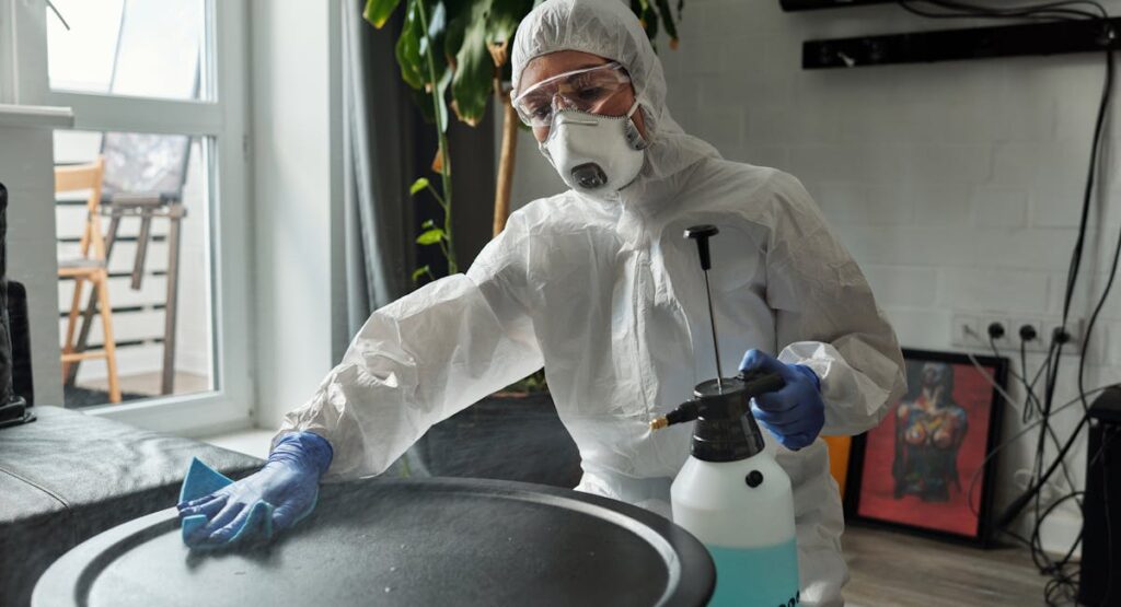 Professionnel appliquant un produit antimousse sur tuiles de toiture