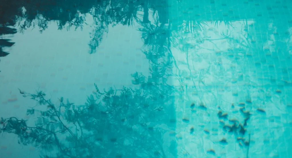 Eau de piscine trouble avec reflets verts sous soleil d’été et skimmer visible