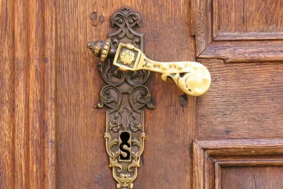 Gros plan sur installation d’un cylindre serrure rond sur porte en bois