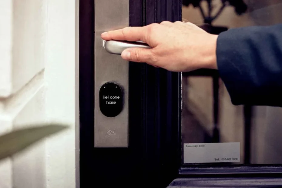 Une main ferme referme une porte d’entrée munie de 5 points automatiques